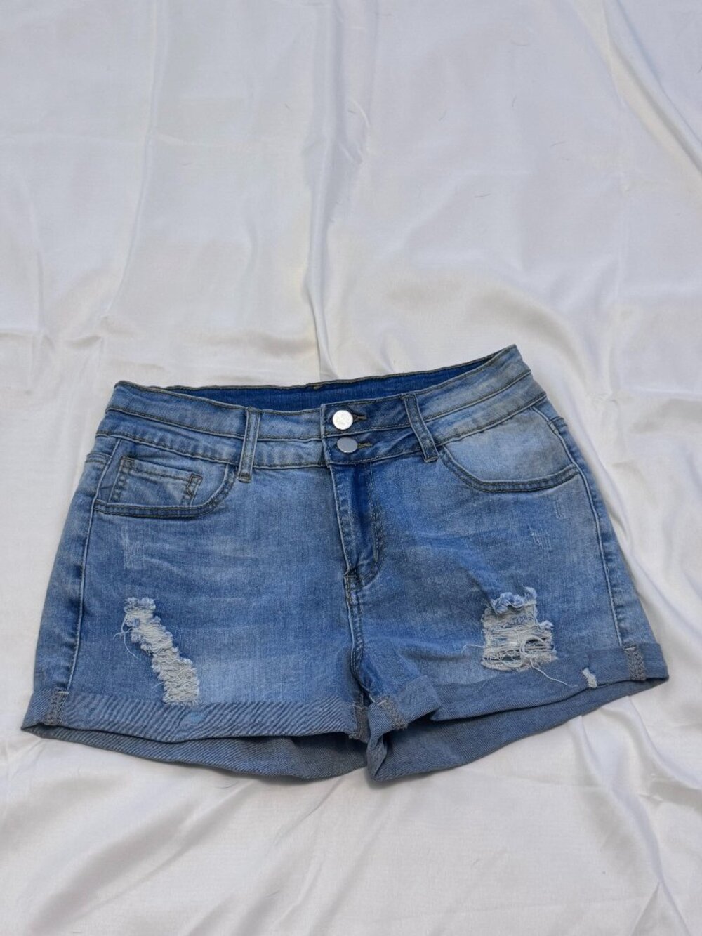 Double Button, Stretch, Distressed, Rolled hem, Jeans shorts